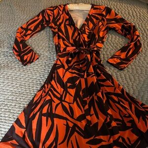 Boden Vibrant Orange and Eggplant 3/4 Sleeve Wrap Dress